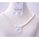 NSC500 White Swarovski Pearls Jewelry Set w/AB Crystals Octagon Pendant & Earrings Sets