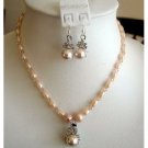 NSC150 Peach Freshwater Pearls w/Peach Crystals Handcrafted Custom Jewelry Necklace Set