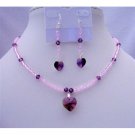 NSC398  Amethyst Crystals Heart Pendant & Earrings Genuine Swarovski Amethyst Beaded Jewelry