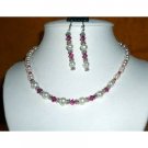 NSC158  Vintage Necklace Set of Genuine White FreshWater Pearls & Swarovski Fuschia Crystals