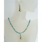 NSC404  Swarovski Emerald AB Crystals Necklace w/ Swarovski Green Pearls Sterling Silver Earrings