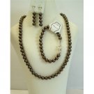 NSC396  Brown Pearls Jewelry 7mm Genuine Swarovski Brown Pearls Necklace Set w/ Bracelet