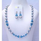 NSC392Genuine Crystals&Pearls Jewelry Swarovski Indicolite Crystals&Grey Pearls Necklace&Earrings