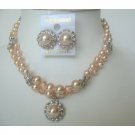 NSC201Genuine Swarovski Peach Crystals & Peach Pearls Jewelry Necklace Set Double String