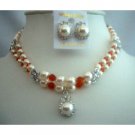 NSC281 Double Pearls Crystals Strands Pendant Necklace Set Genuine Swarovski Handcrafted Jewelry