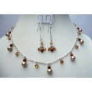 NSC375  Powder Almond Pearls w/ Swarovski Smoked Topaz Satin Crystals & Goldstone Beads