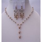 NSC457  Dark Brown Crystals Jewelry Set Smoked Topaz Crystals w/ Bronze Pearls Y Necklace Set