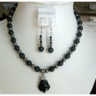 NSC145  Mystic Genuine Swarovski Jet Pearls and Dark Grey Pearls w/ Heart Pendant Necklace Set