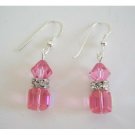 ERC215  Handmade Swarovski AB Rose Crystals Earrings Cube & Bicone Crystals w/ Silver Rondells