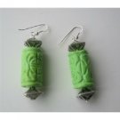 ERC263Genuine Green Turuquoise 20mm Ethnic Engraved w/Bali Beads Sterling Silver 92.5 Earrings