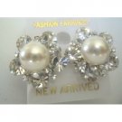 ERC153 Stud Cream Cultured Round Pearls Earrings w/Surrounded Cubic Zircon Pierced Earrings