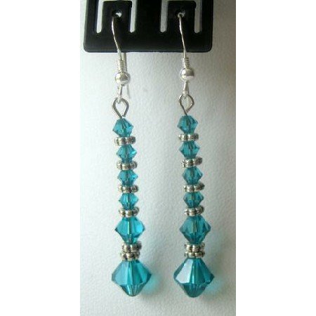 ERC160 Earrings Ethnic Genuine Sterling Silver&Swarovski Blue Zircon Crystals w/Bali Silver