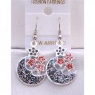 UER305  Half Moon Earrings Fabulous Earrings Moon Decorated w/ Glitter Black Red