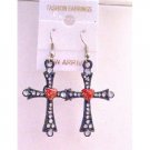 UER151  Cross Earrings w/ Red Heart & Cubic Zircon Embedded Earrings