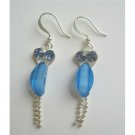 U080  Fancy Silver Earrings w/ Sapphire Cubic Zircon Dangling Silver Chain Earrings