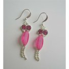 U058  Cute Beautiful Pink Cubic Zircon Sparkling Earrings w/ Dangling Silver Chain Earrings