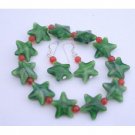 UBR052 Christmas Stretchable Bracelet&Sterling Silver Earrings Green Glass Star&Red Beads