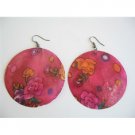 UER054  Shell Painted Earrings Round Redish Pink Shell w/ Painted Flower Earrings