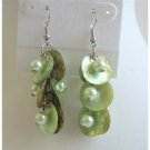 UER116  Striking Shell Earrings Natural Green Shell w/ Beads Dangling EarringS