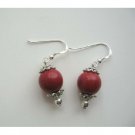UER091  Earrings Sterling Silver Coral Bead stone Bead w/ Daisy Spacing Dangle Earrings