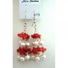UER044  Genuine Coral Beads & Freshwater Pearls w/ Glass Beads Dangling Earrings