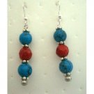 U059  Handmade Turquoise & Coral Red Beads Earrings