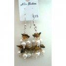 UER045  Tiger Eye Stone Chip & Freshwater Pearls Earrings w/ Glass Beads Dangling Earrings
