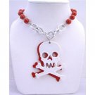 HH030  Red Pearls Long Necklace w/ Skull Head Pendant Halloween Gift 28 inches Long Necklace