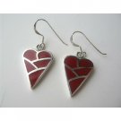 SER039  Coral Heart Inlaid Sterling Silver Inlaid Heart Red Coral Sterling Silver Earrings