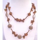 N750  Brown Long Necklace 34 Inches Double Stranded Neckalce Tiny Glass Beads