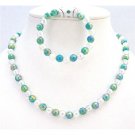 GC138  Necklace & Bracelet Jewelry Green White Round Beads Stretchable Bracelet