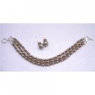 TB856 Brown Chocolate Pearls 3 Stranded Bracelet&Earrings Set w/SwarovskiSmokedTopazCrystals