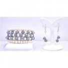 TB849 Cream Ivory&Black Freshwater Pearls 5 Stranded Wire Bangle Bracelet Earrings Set