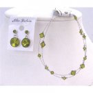 TB838Olivine Dress Jewelry Olivine Crystals Bicone Double Stranded Wire Bracelet Earrings Set