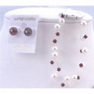 TB836  Bridemaides Bracelet & Earrings Set Of White Pearls & Siam Red Crystals Stud Earrings