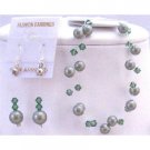TB833Bracelet&Earrings Jewelry Set Double Stranded Powder Green Pearls w/Tumarine Swarovski Crystals
