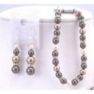 TB820 TriColor Swarovski Pearls Bronze Brown&Ivory Pearls Bracelet&Earrings w/Silver Rondells