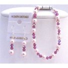 TB815  Rosaline Pearls With Fushcia AB Coated Genuine Swarovski Crystals Bracelet & Earrings Set