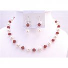 NS686  White Pearls With Siam Red Chines Red Crystals Round Necklace Beautiful Affordable