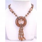 N784 Jasper Coated Round Pendant w/ Drop Down Necklace w/Fancy Beads Glass Beads Acrylic Beads