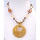N778  Yellow Jade Round Pendant Necklace Fabulous Stunning Wooden Beads Long Necklace