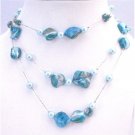 N775  Blue Shell Necklace w/ Aquamarine Lite Blue Pearls Gorgeous 3 Stranded Necklace