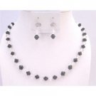 UNS049  Jet Crystals With Clear Crystals Necklace Jet Black & White Combo Jewelry Set