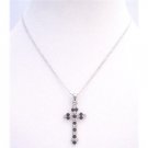 UNE163  Delicate Sleek Black Cross Pendant With Black Beads & Embedded w/ Diamante