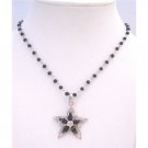 UNE159  Black Star Pendant With Diamante Outlined Accented In Dainty Black Pearls Necklace
