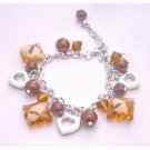 UBR174 Brown Beads Pearls Heart Charm Brown Pearls Bracelet Thicked Chained Dangling Bracelet