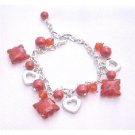 UBR171  Striking Red Charm Bracelet Red Pearls Red Crystals Heart Charm Gift Bracelet