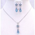 NS659 Aquamarine Blue Crystals Necklace Set Aquamarine Crystals Teardrop Flower Decorated