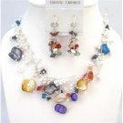 NS654Dyed Shells Woven In Silk Thread w/ Glass Beads Onyx Turquoise Coral Moonstone Set