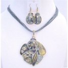 NS645 Black Grey Vintage Jewelry Multi Stranded Necklace w/ Painted Ethnic Pendant Earrings